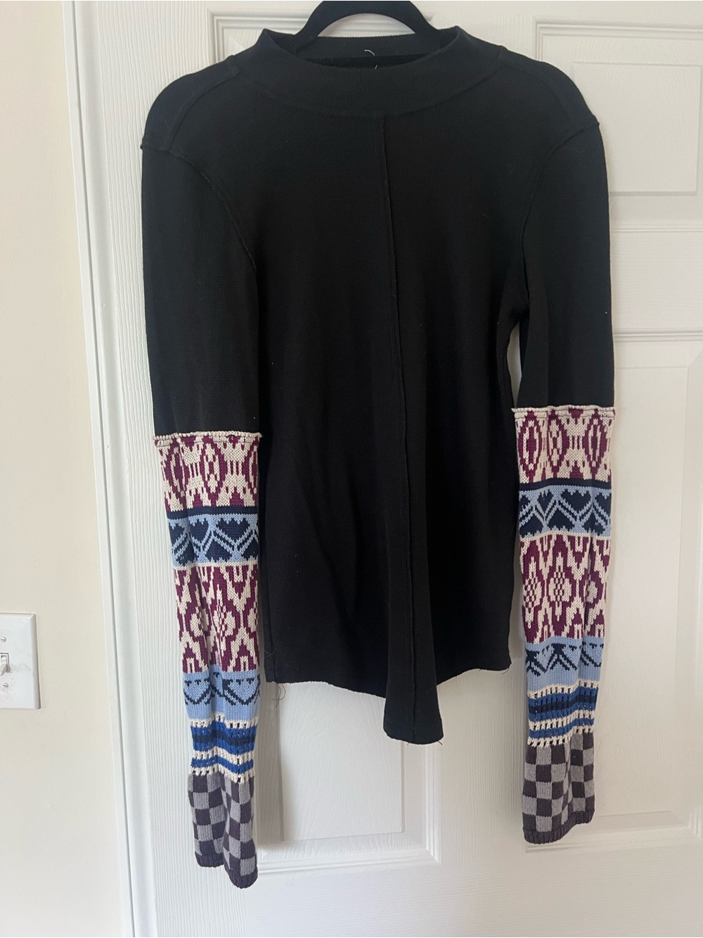 Black Women's Long-Sleeve Top with Patterned Sleeves